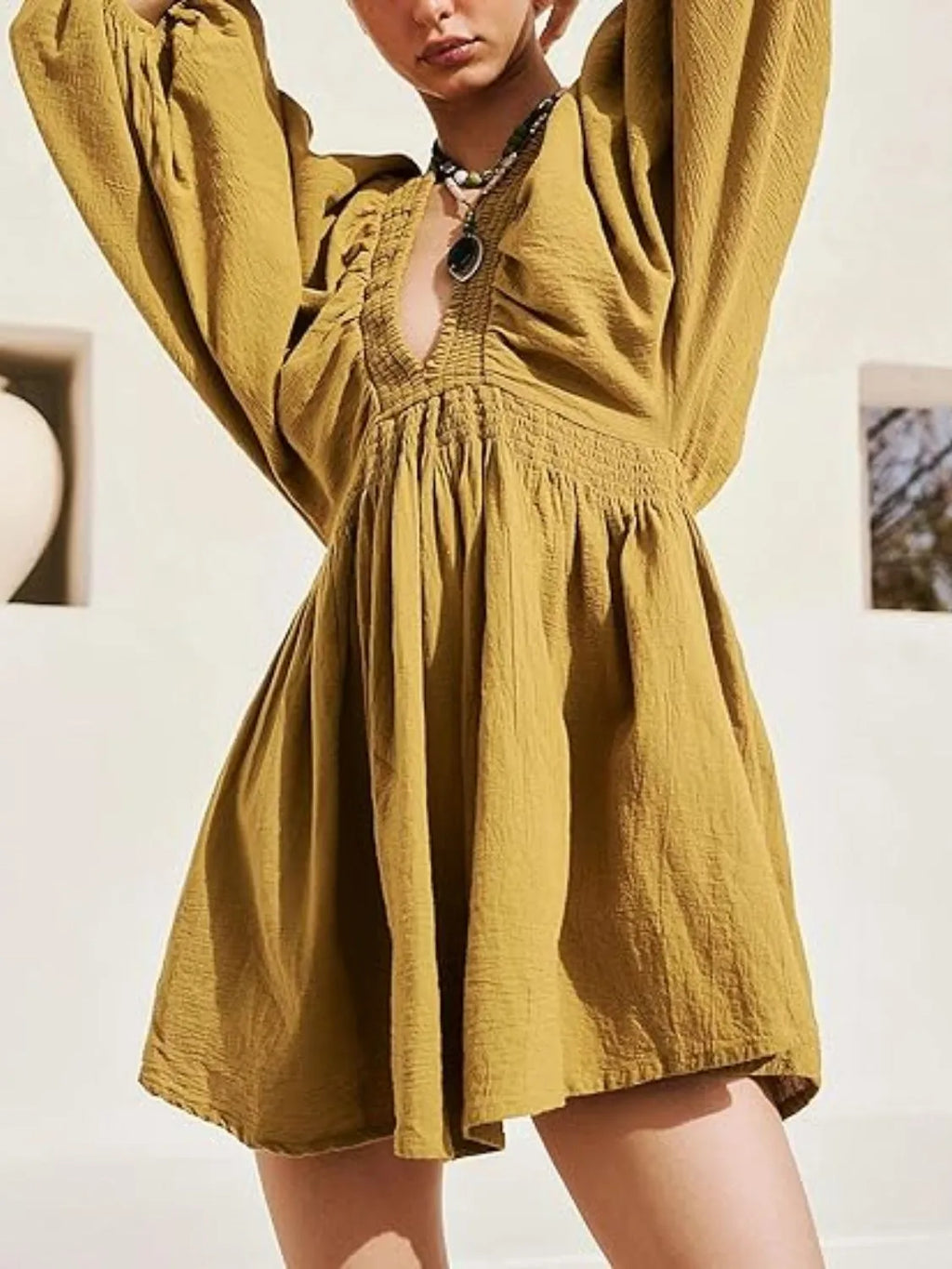 Textured V-Neck Mini Dress.