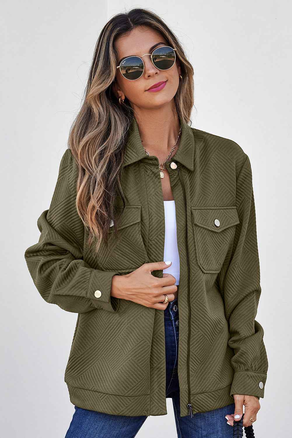 Blackish Green Solid Color Zip Up Button Flap Pocket Shirt Collar Jackets