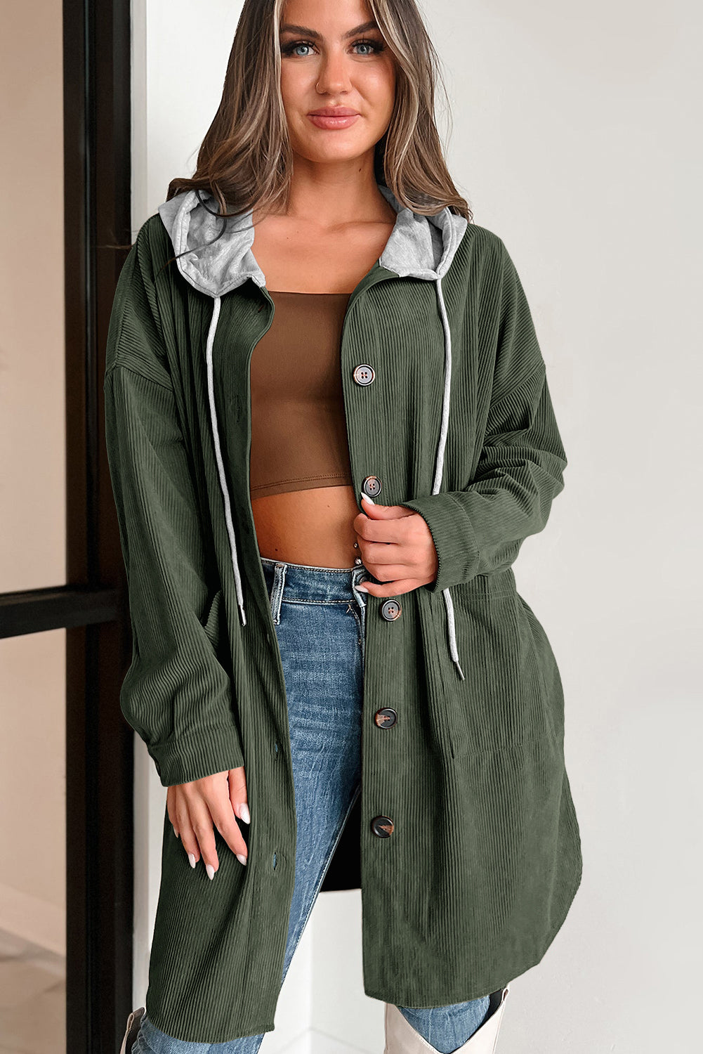 Jungle Green Oversized Corduroy Contrast Hooded Shacket Dear-Lover Dropshipping