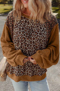 Brown Leopard Floral Print Ribbed Puff Sleeve Patchwork Loose Pullover