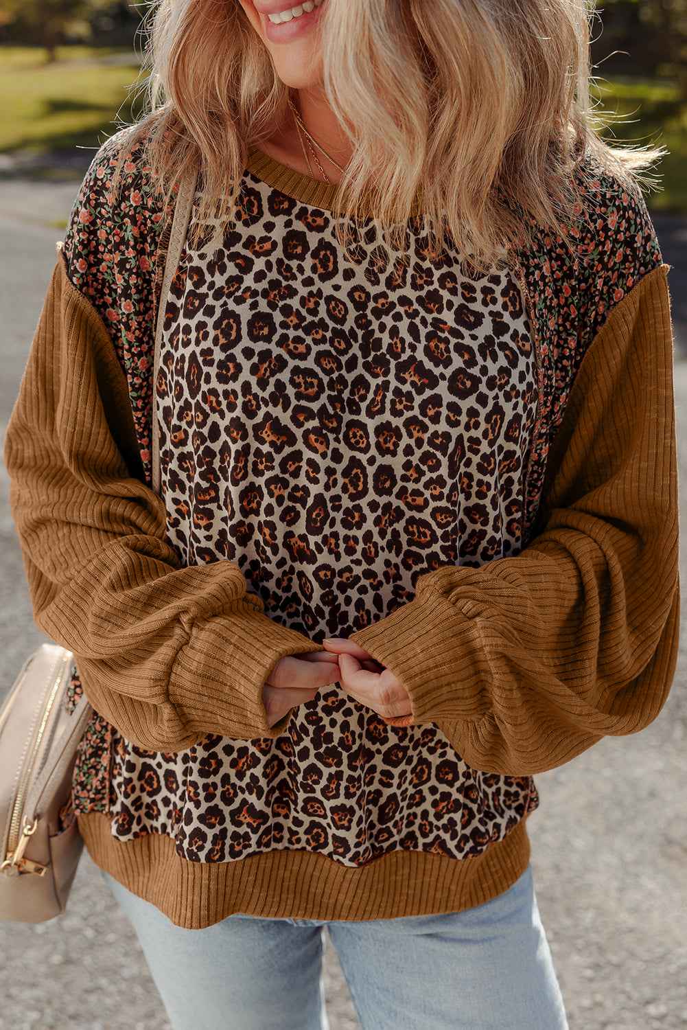Brown Leopard Floral Print Ribbed Puff Sleeve Patchwork Loose Pullover