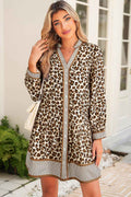 Brown Leopard Print Striped Patchwork 3/4 Sleeve Loose Mini Dress