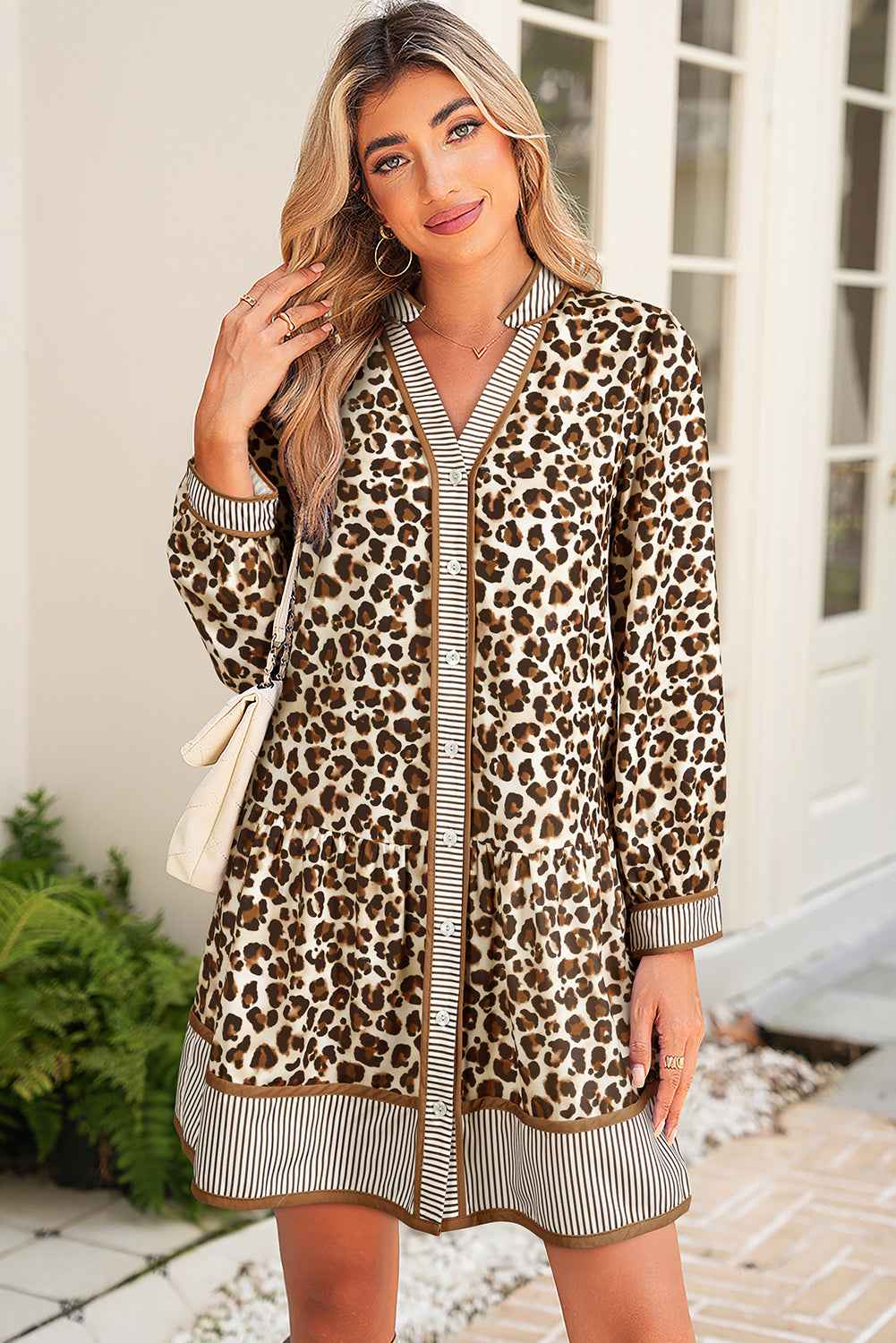 Brown Leopard Print Striped Patchwork 3/4 Sleeve Loose Mini Dress