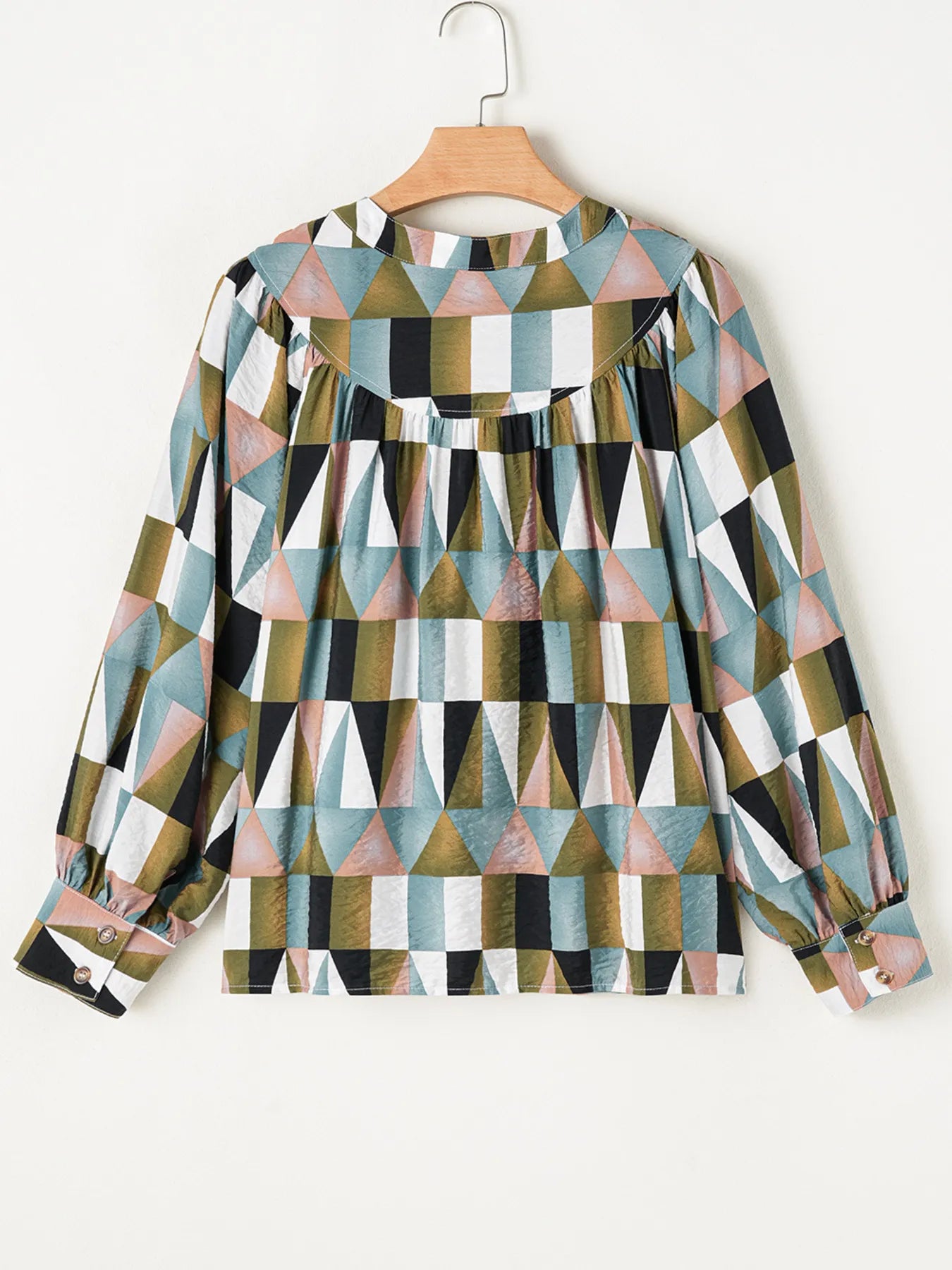 Geometric Print Buttoned Balloon Sleeve Loose Fit Shirt.