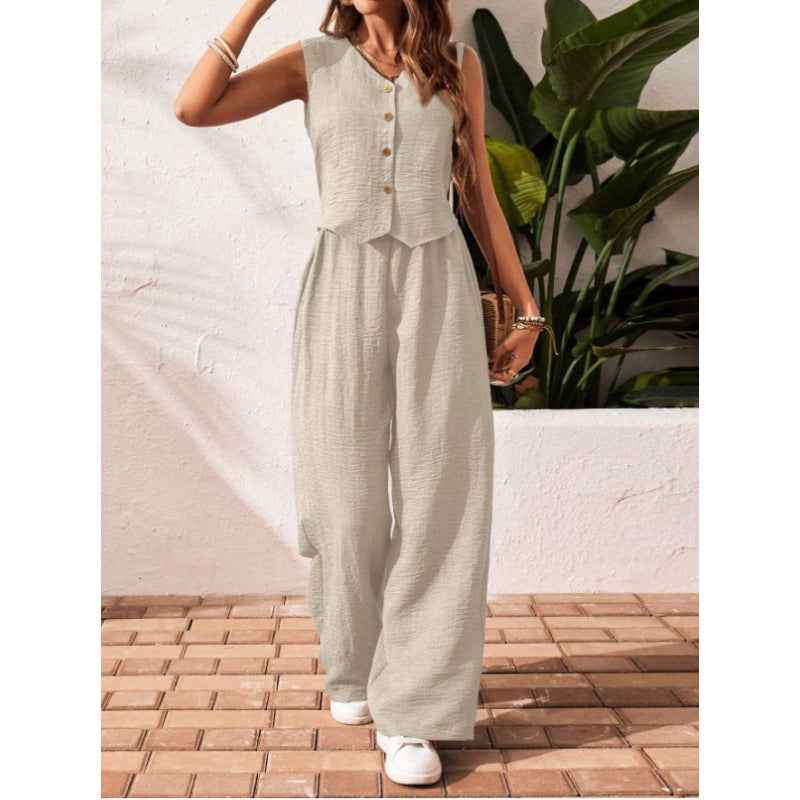 Linen Leisure Commute Front Button Vest And Trousers