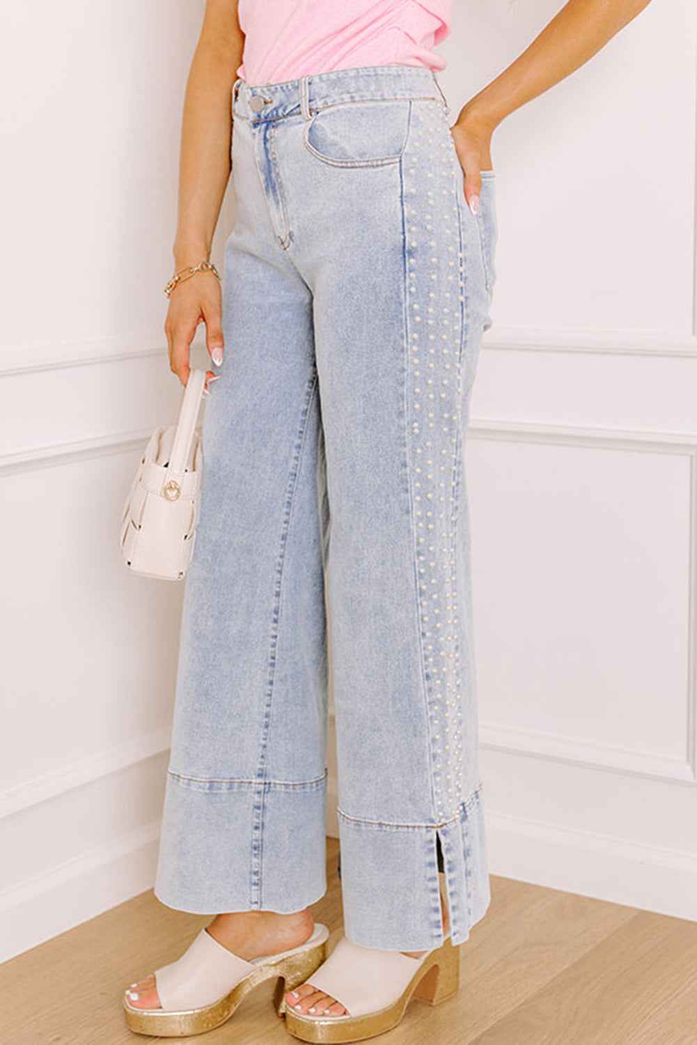 Beau Blue Mid Rise Pearl Embellished Split Wide Leg Jeans