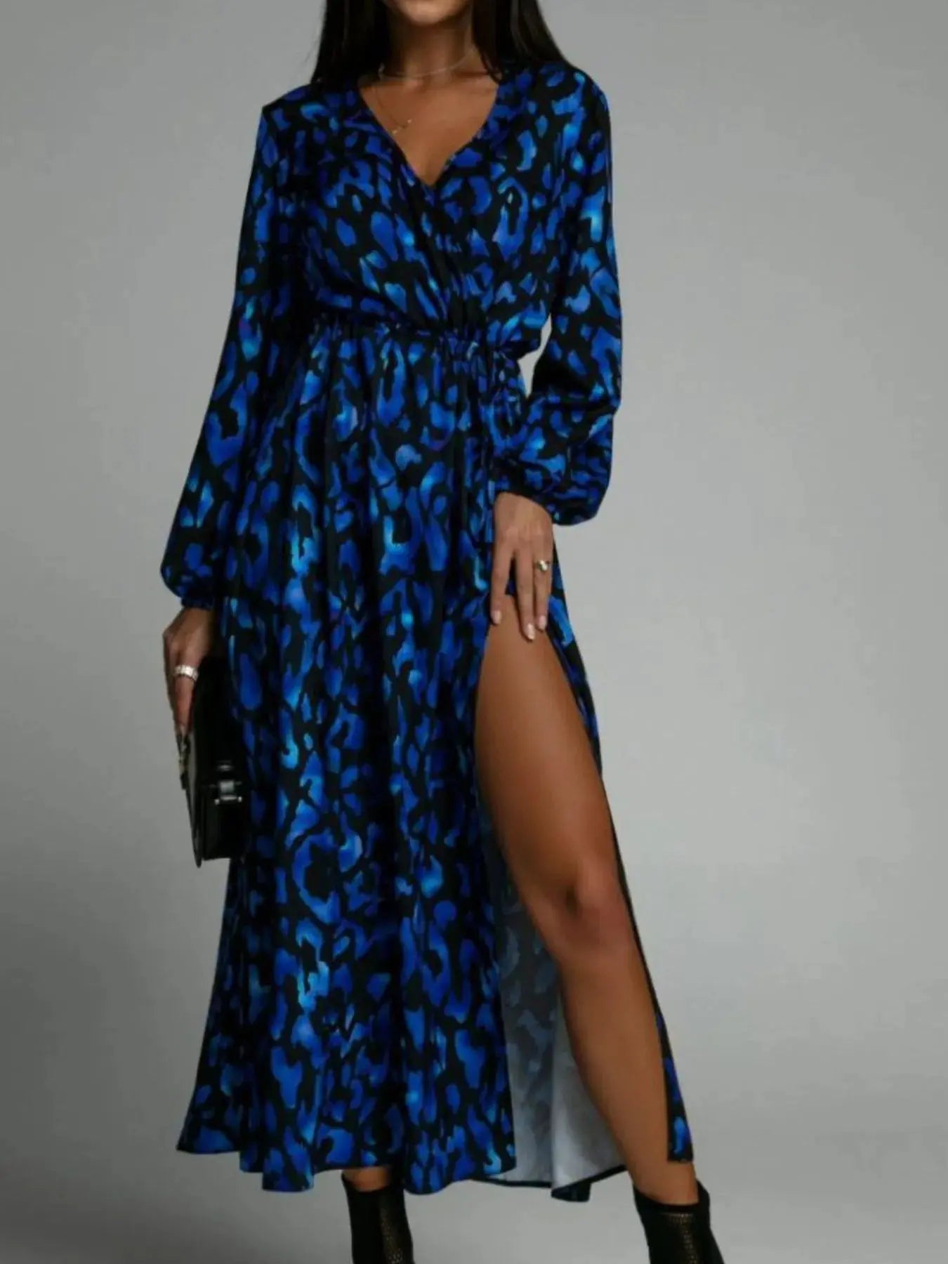 Printed Surplice Long Sleeve Midi Dress.