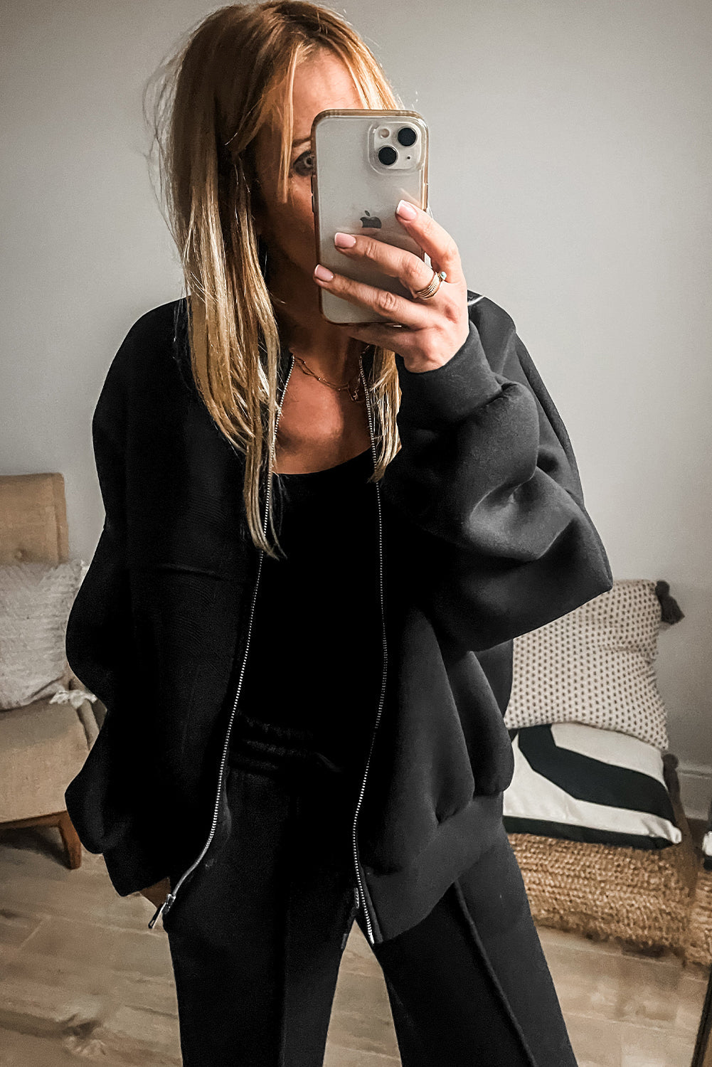 Black Solid Seamed Zipper Jacket and Drawstring Waist Pants Set Dear-Lover Dropshipping