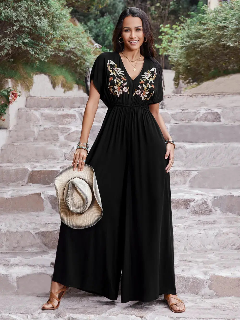 Embroidered Ruched Short Sleeve Jumpsuit.