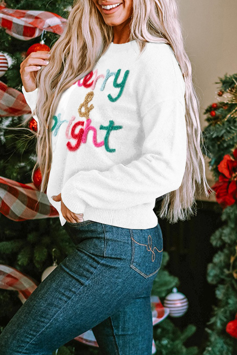 White Merry & Bright Round Neck Casual Sweater Dear-Lover Dropshipping