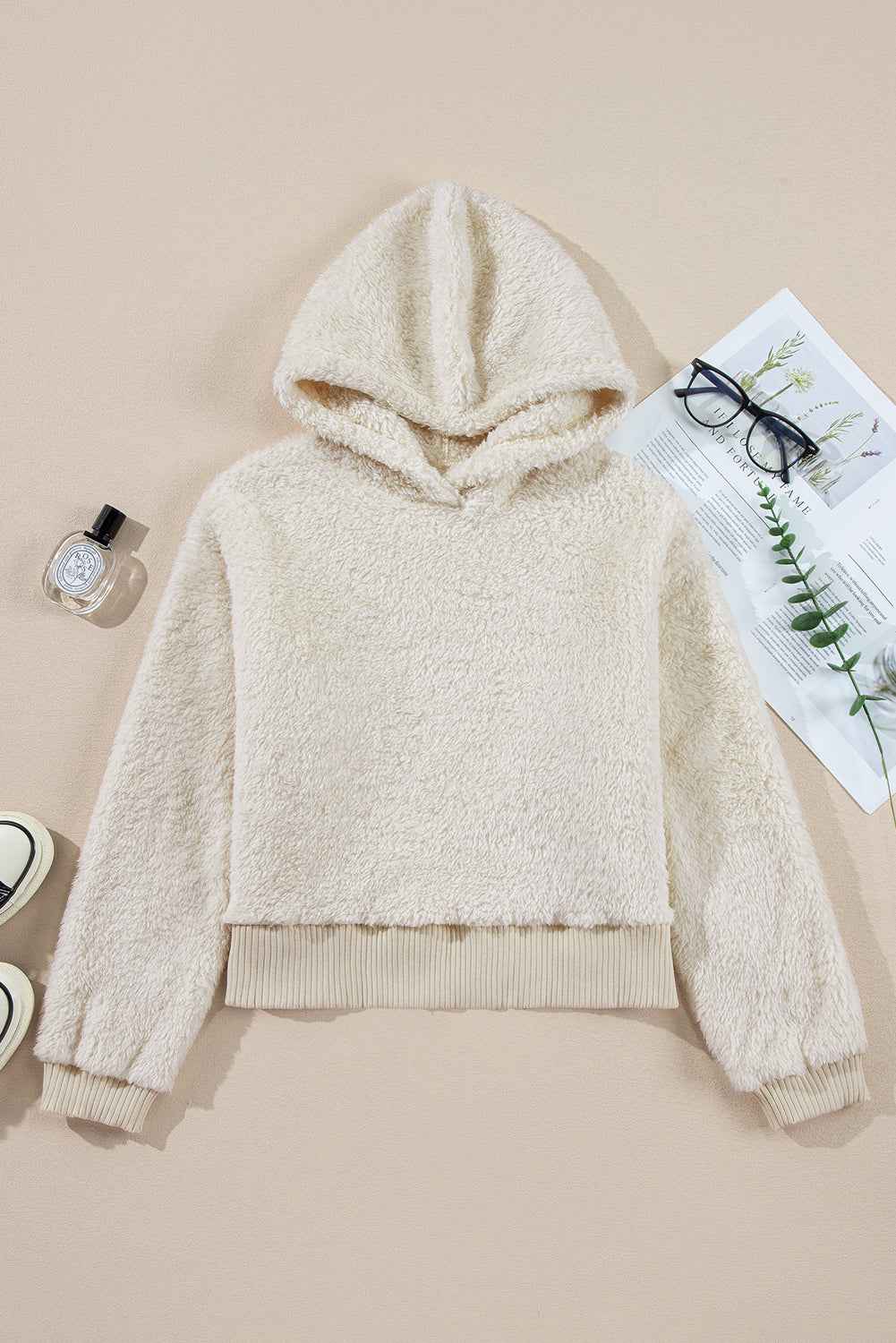 White Contrast Ribbed Edge Plush Hoodie