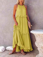 Elegant Halter Neck Ruffled Long Holiday Maxi Dress For Casual Outings