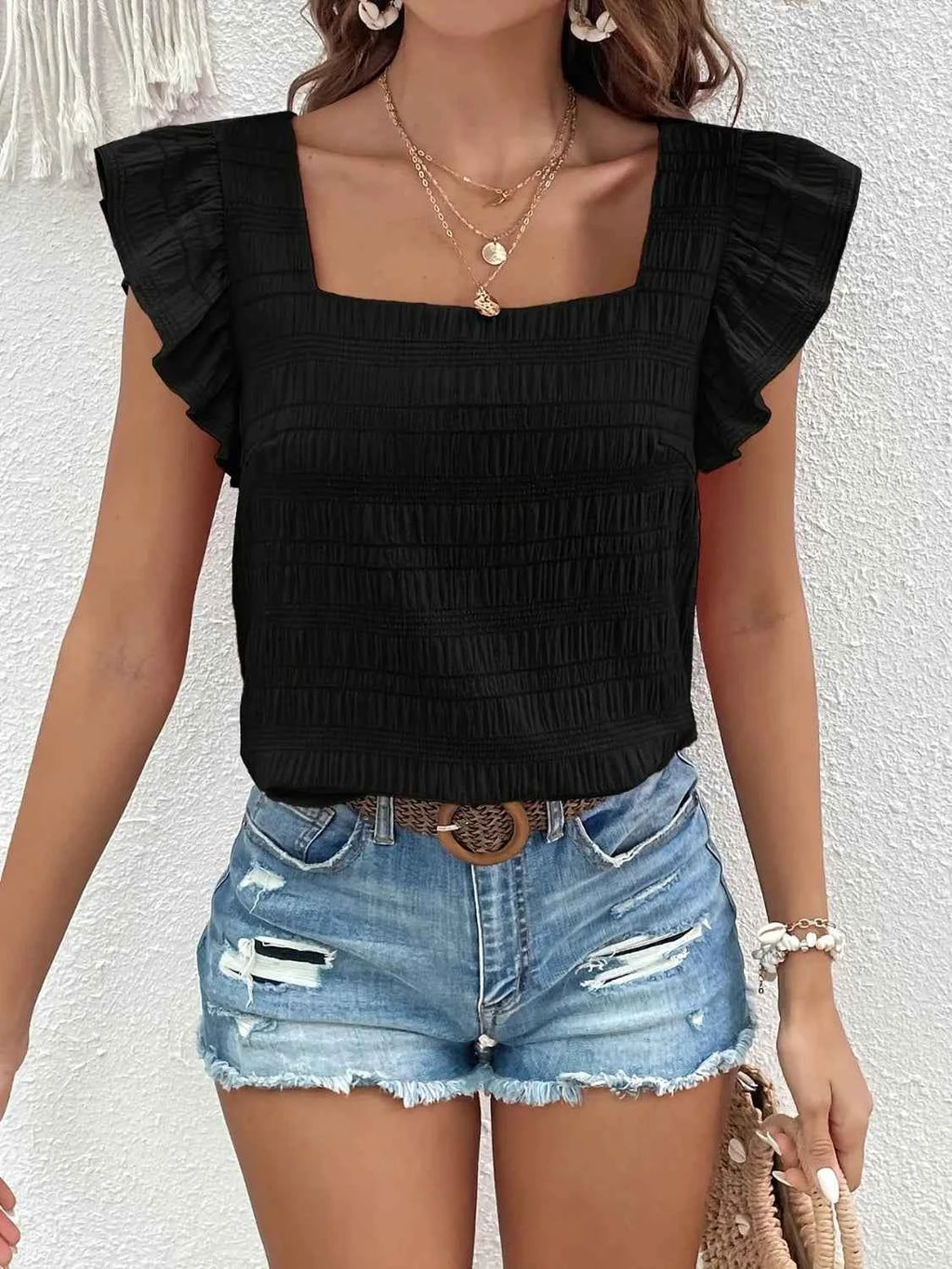 Square Neck Cap Sleeve Blouse.