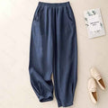 Navy Blue Cotton-Linen Ankle-Cinched Bloomer Pants For Women