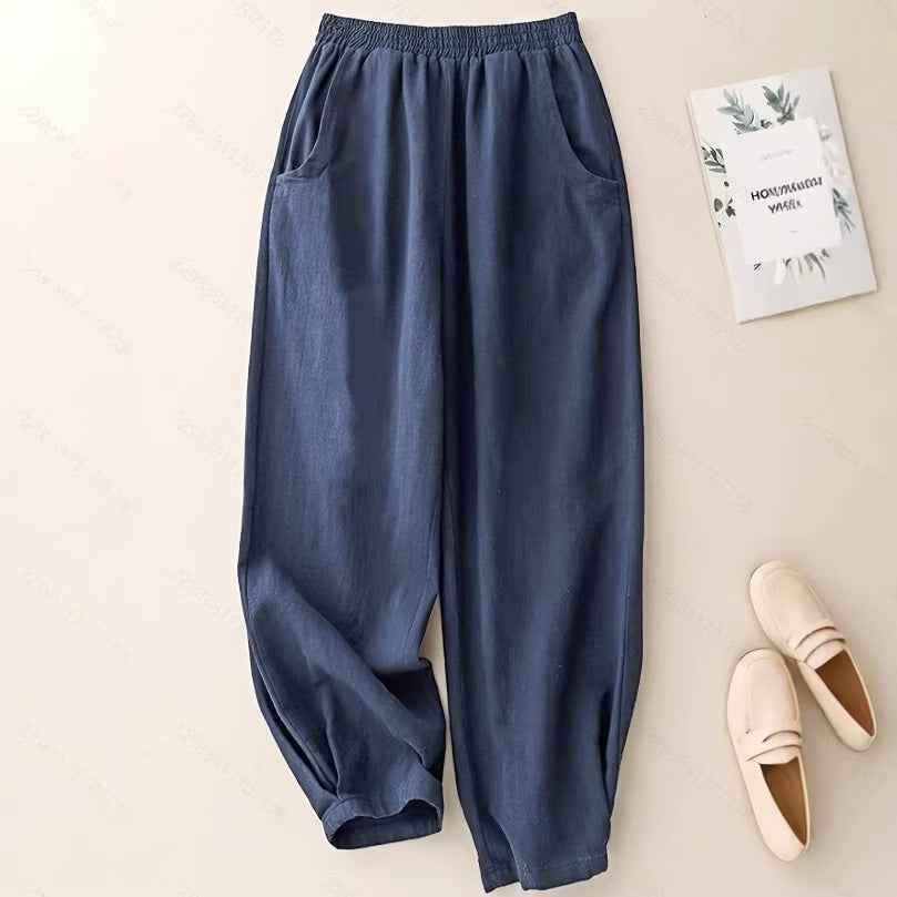 Navy Blue Cotton-Linen Ankle-Cinched Bloomer Pants For Women