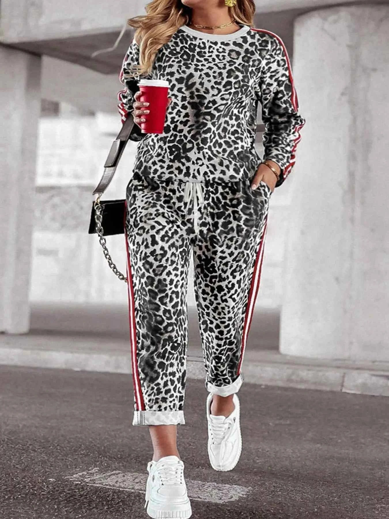 Plus Size Leopard Print Long Sleeve Top and Pants Set