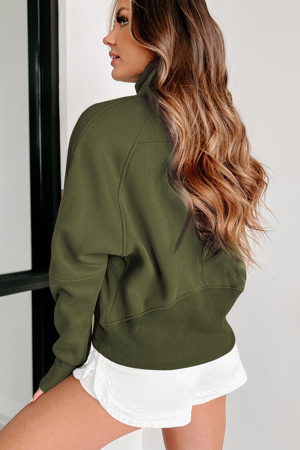 Green Fleece Lined Zip Up Stand Collar Thumbhole Sleeve Sweatshirt Dear-Lover Dropshipping
