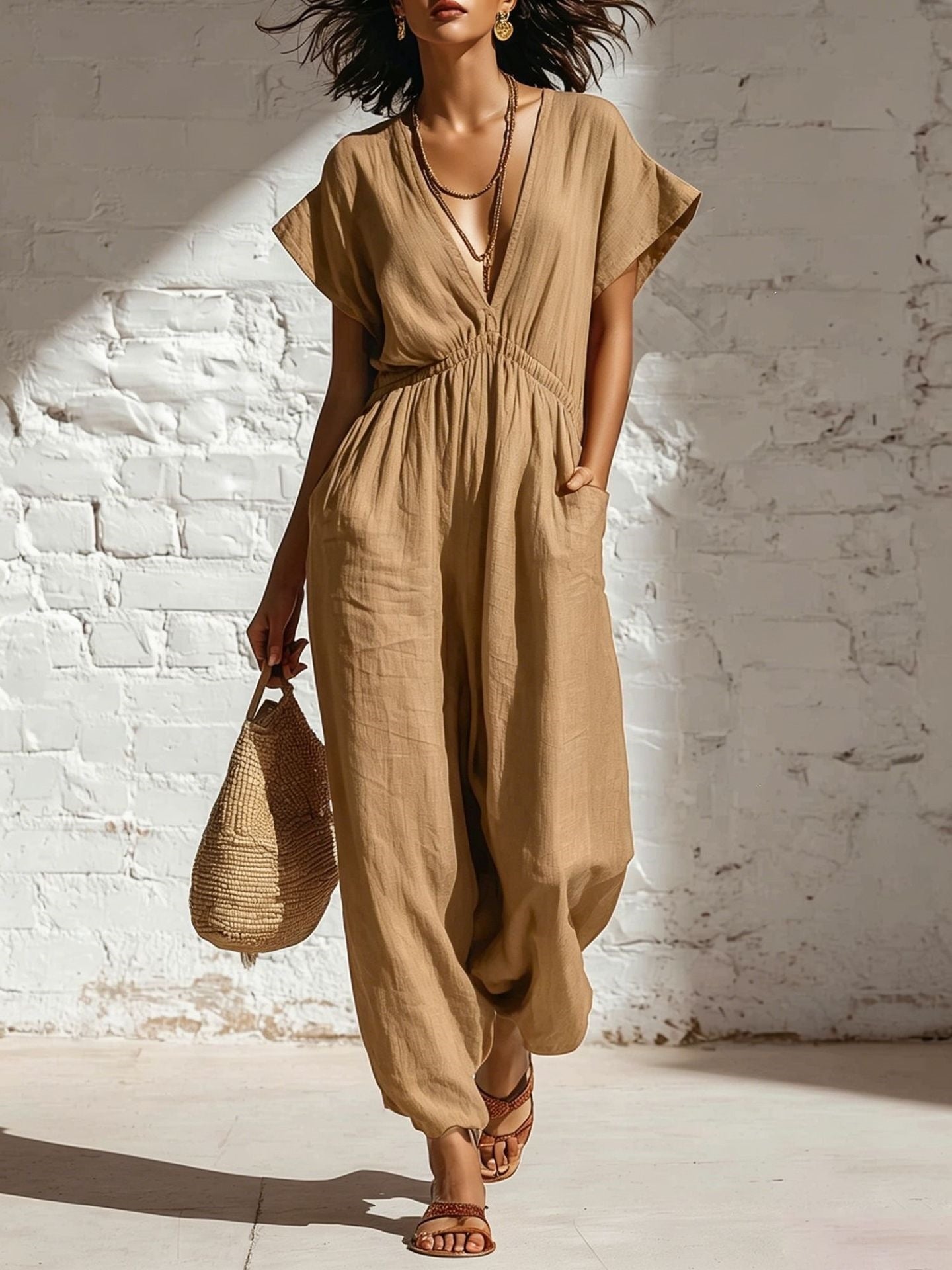 Deep V-neck loose fit pants for women