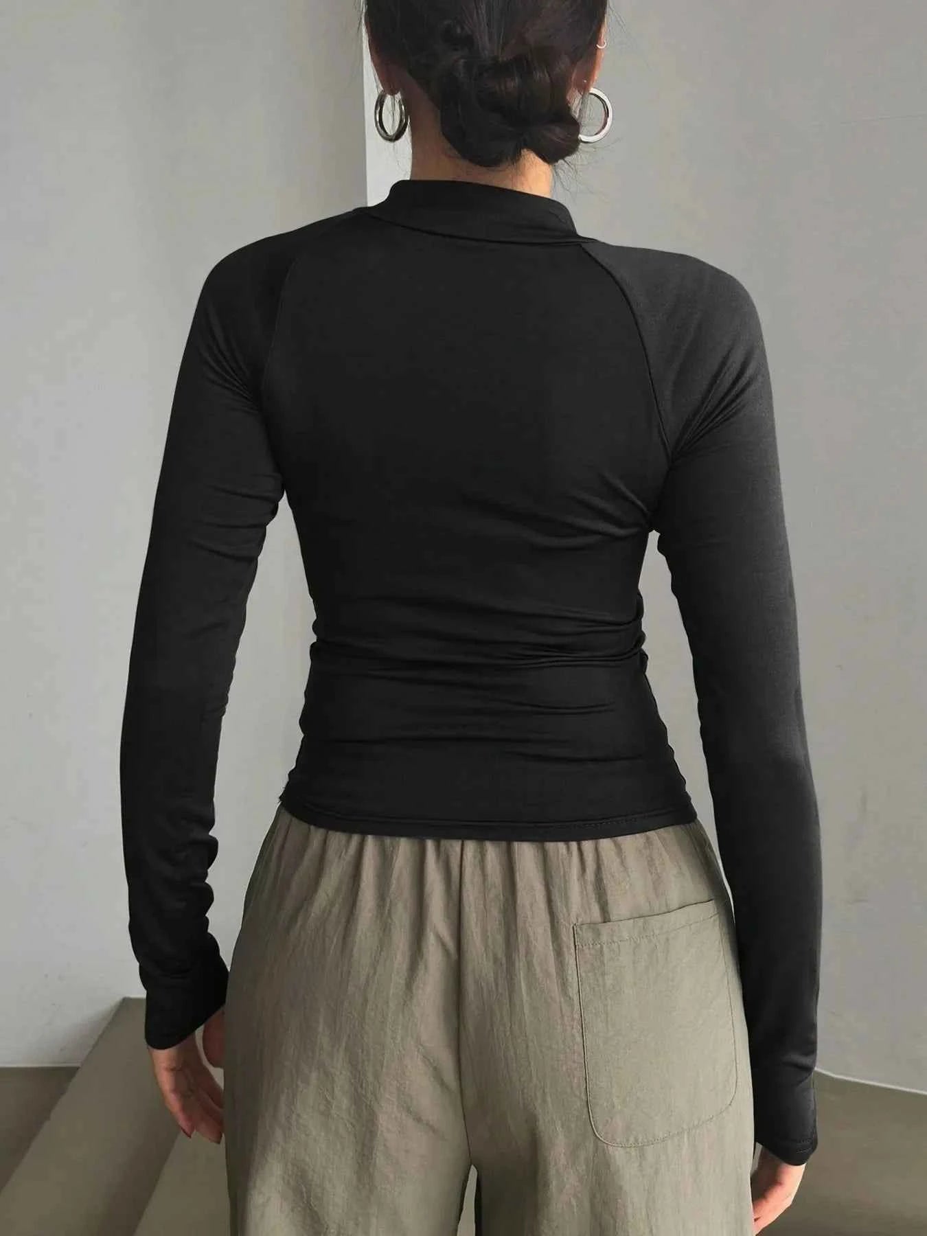 Long Sleeve Zip Front Fitted T-Shirt