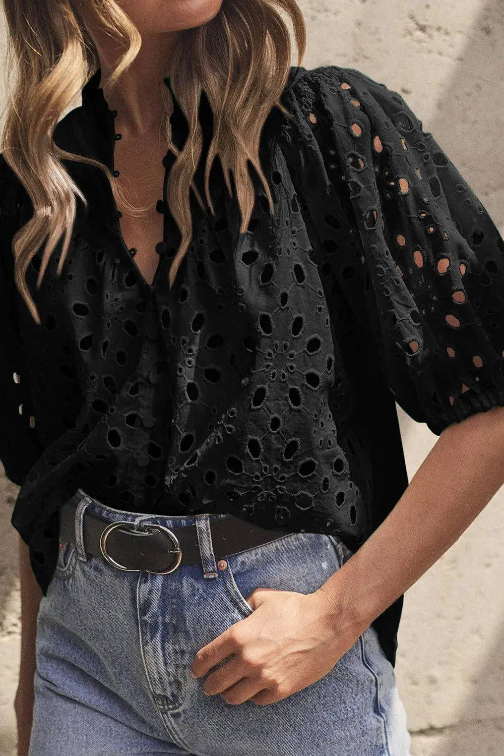 Eyelet Button Up Half Sleeve Blouse.