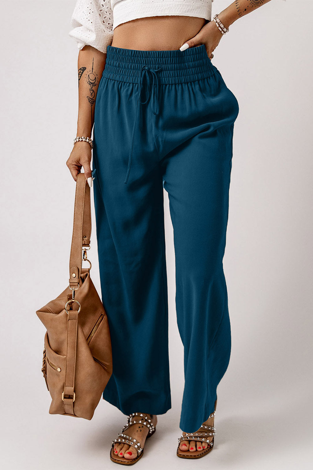 Blue Drawstring Elastic Waist Casual Wide Leg Pants Dear-Lover Dropshipping