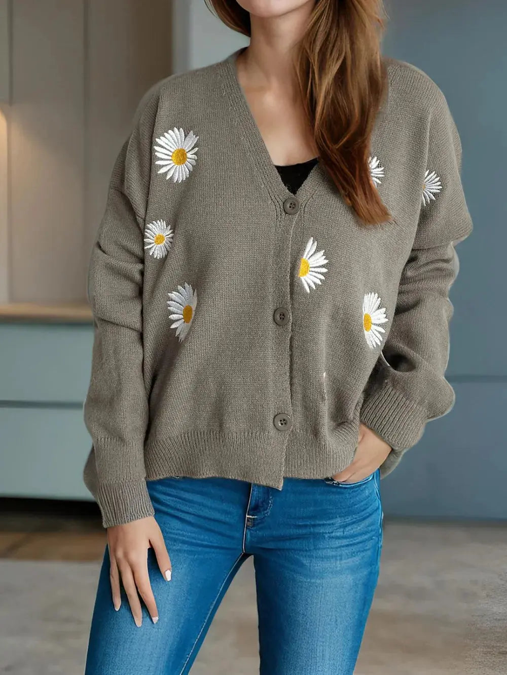 Daisy Button Up V-Neck Cardigan.