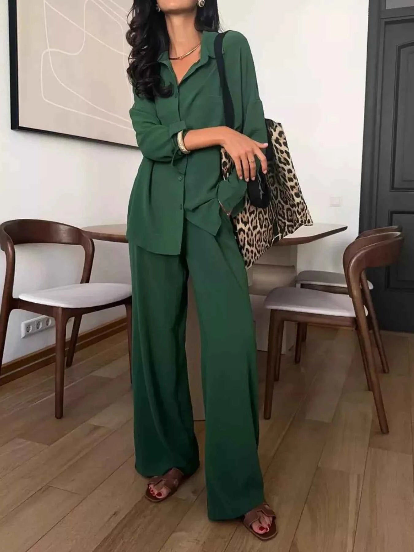 Button Up Long Sleeve Shirt and Pants Set