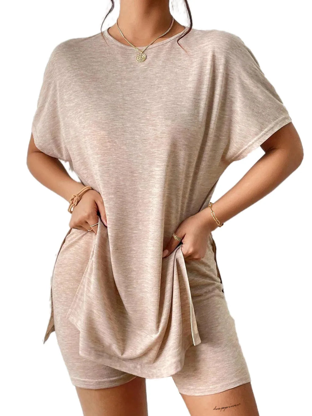Slit Round Neck Short Sleeve Oversized Top and Shorts Set.