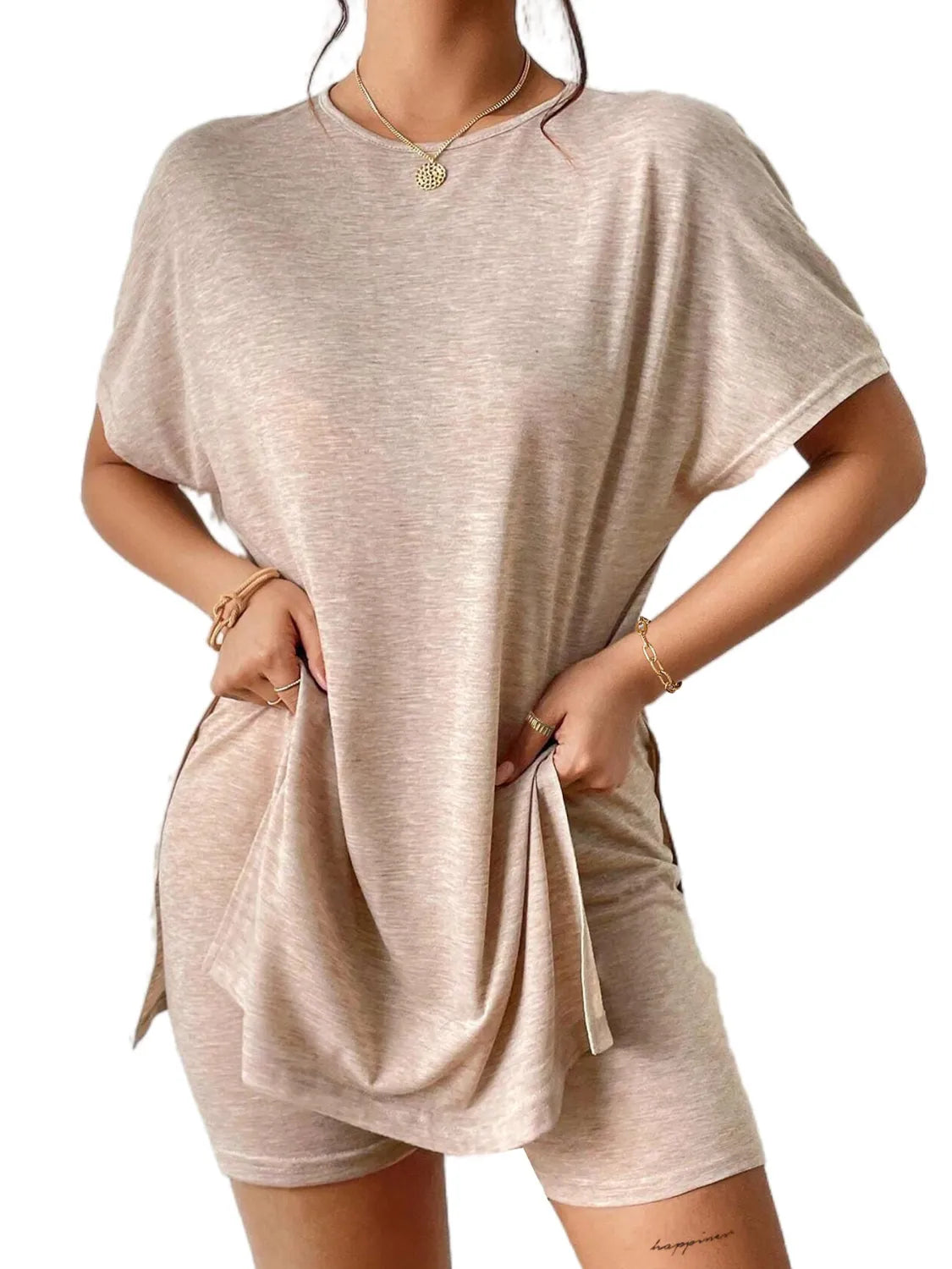 Slit Round Neck Short Sleeve Oversized Top and Shorts Set.