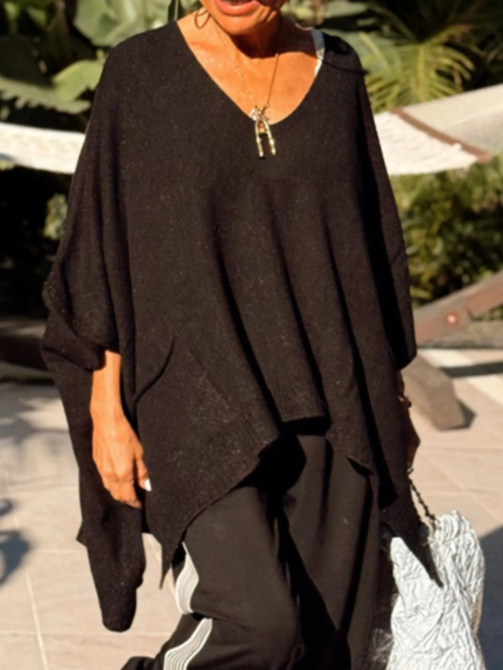 Ribbed Hem V-Neck Sweater.