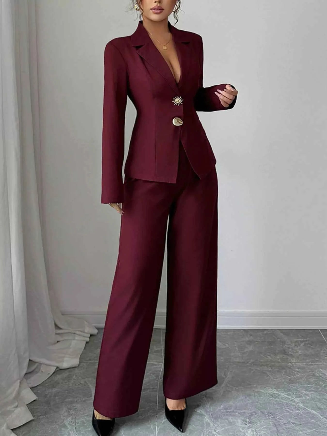Lapel Collar Blazer & Wide Leg Pants Set
