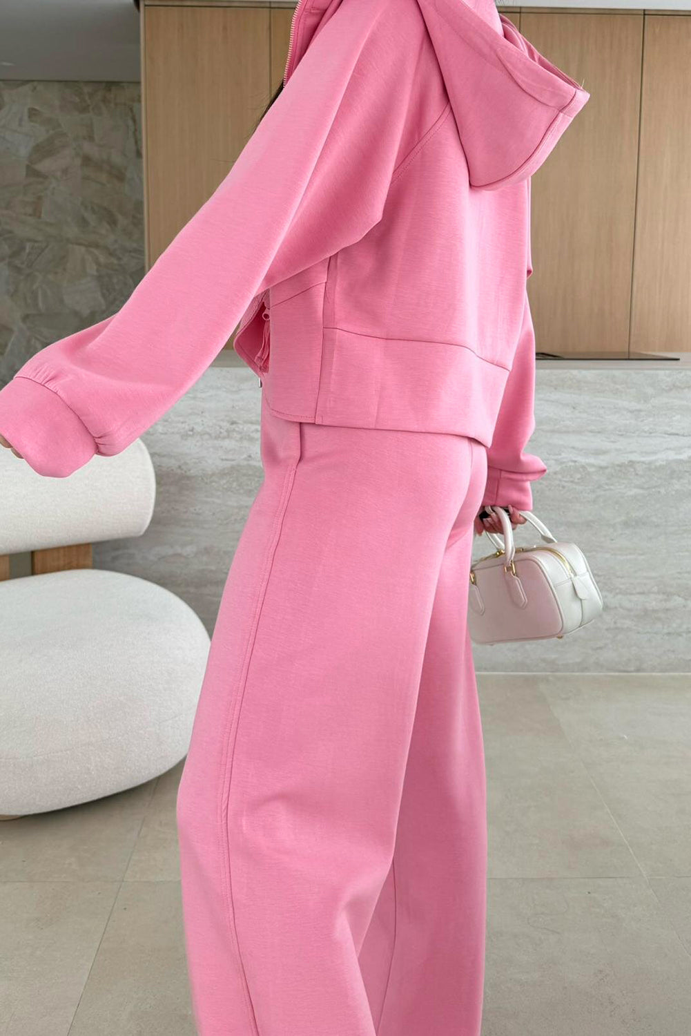 Pink Solid Color Zip Up Hoodie Drawstring Loose Pants Set Dear-Lover Dropshipping
