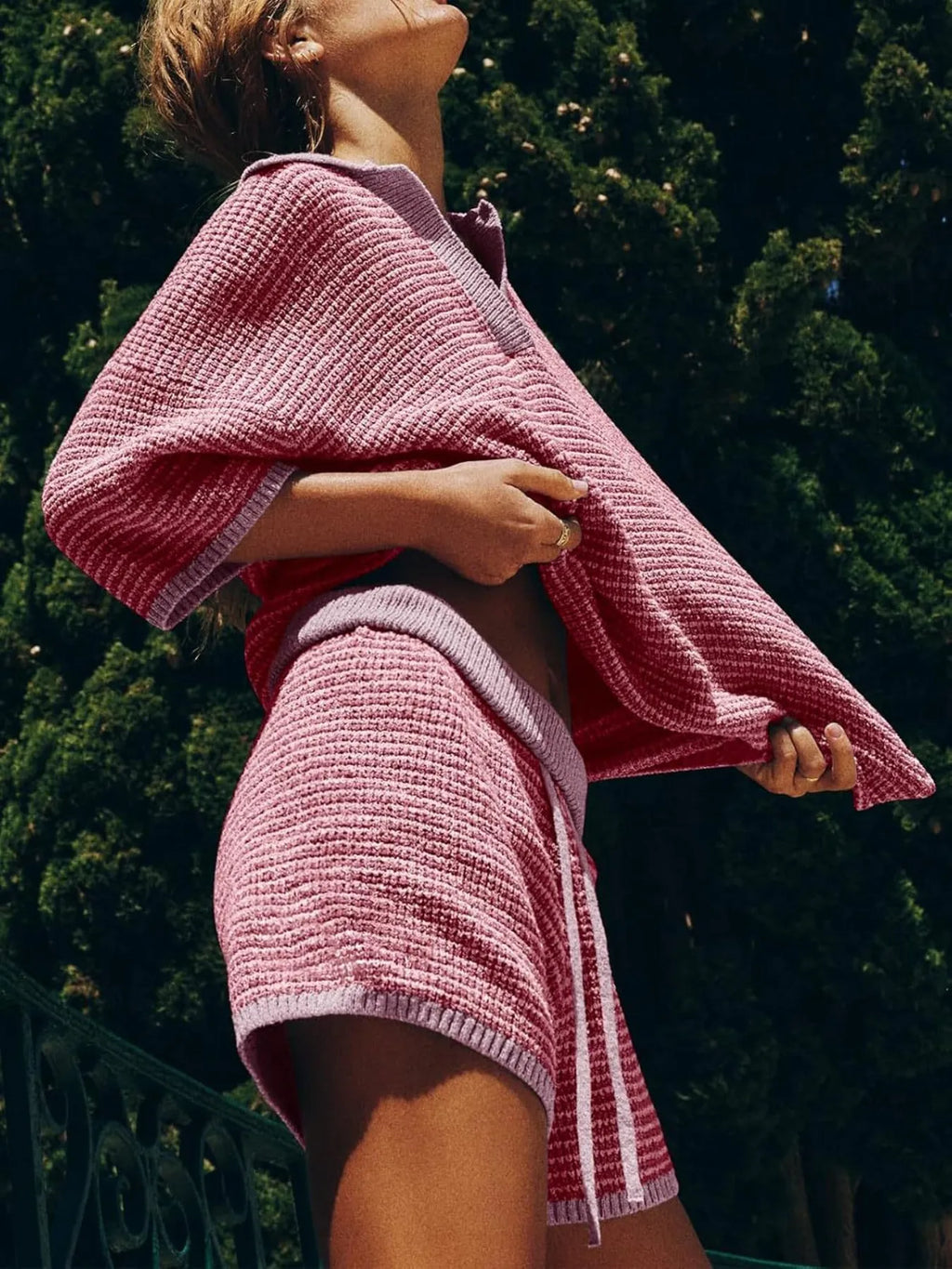 V neck Top and Shorts Sweater Set.