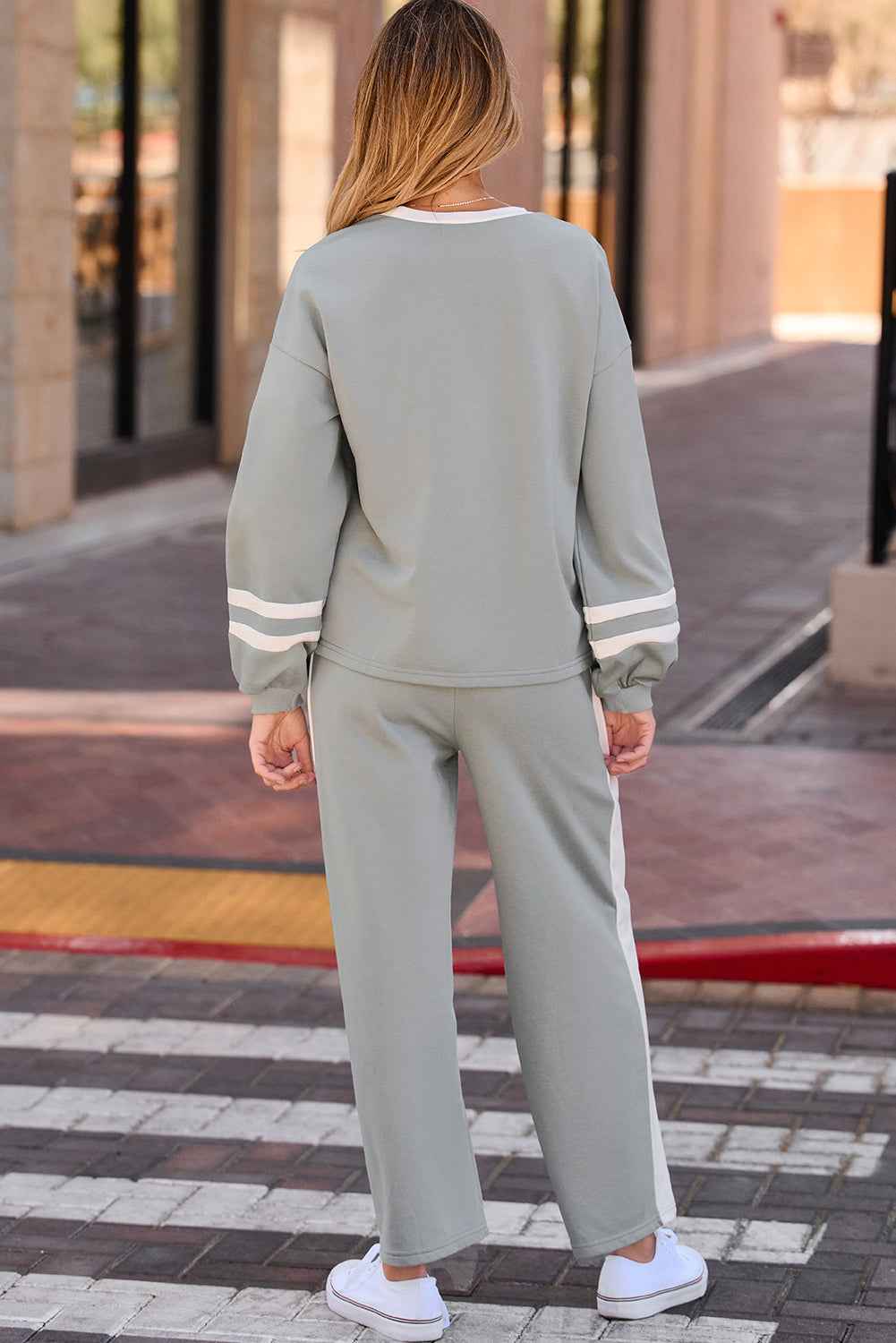 Gray Varsity Stripe Patchwork Puff Sleeve Pullover Drawstring Wide Leg Pant Set