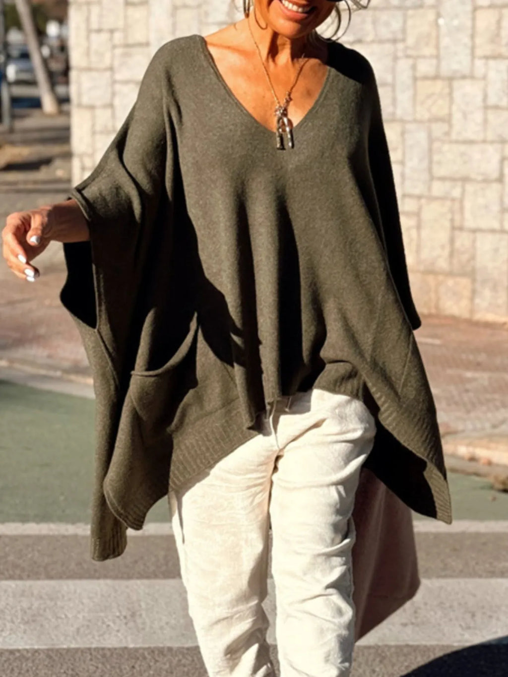 Ribbed Hem V-Neck Sweater.