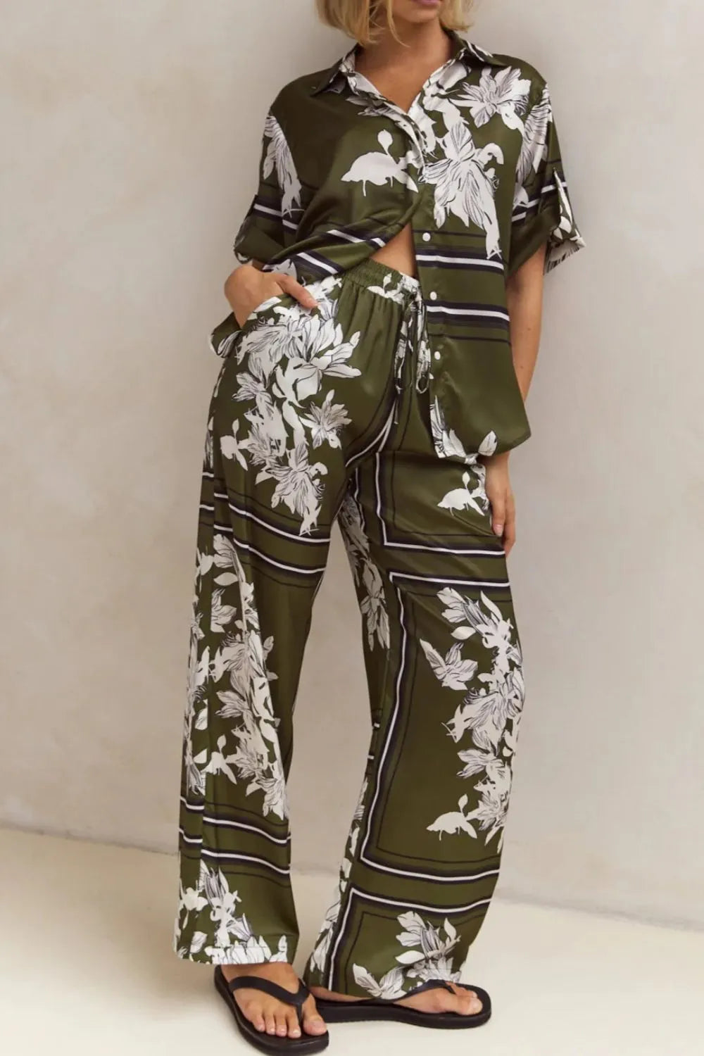 Printed Button Up Shirt and Pants Set - CHIC TB