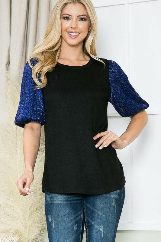 Pleat Bubble Sleeve Knit Top-Royal Blue.