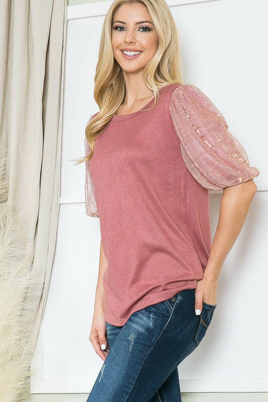 Pleat Bubble Sleeve Knit Top-Royal Blue.