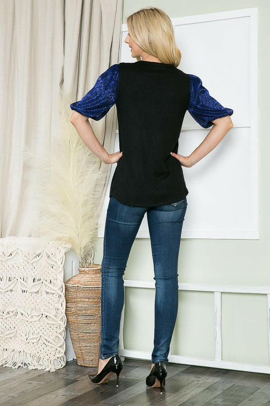 Pleat Bubble Sleeve Knit Top-Royal Blue.