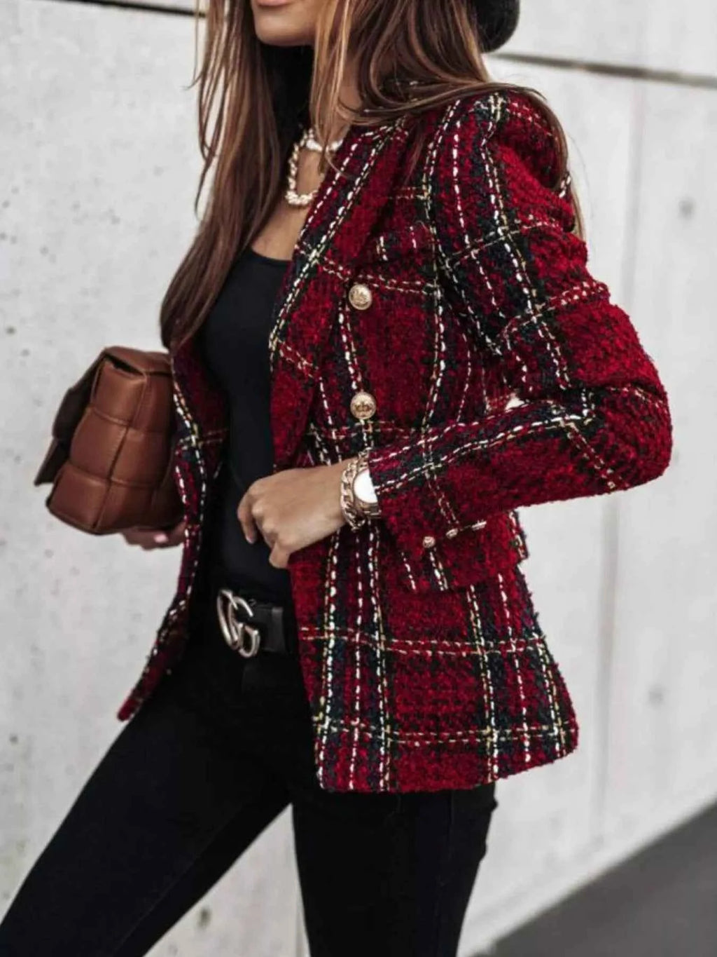 Full Size Plaid Tweed Double-Breasted Blazer Plus Size