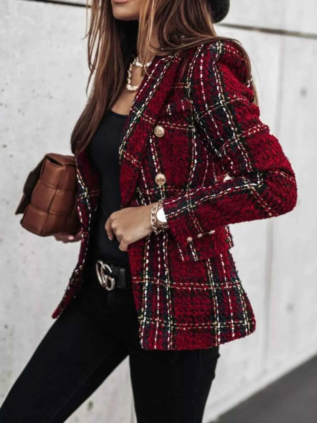 Full Size Plaid Tweed Double-Breasted Blazer Plus Size
