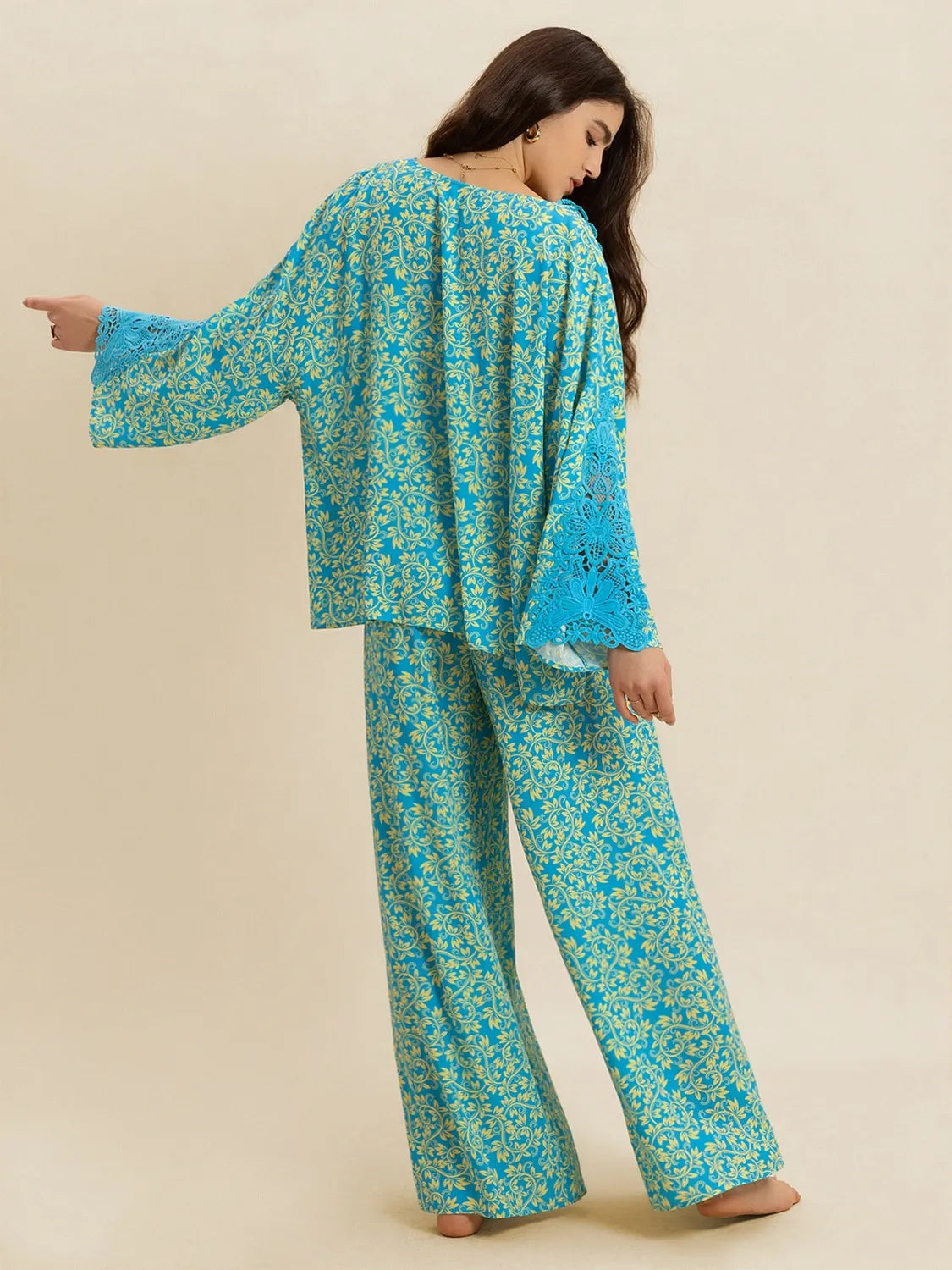 Open Front Printed Top and Pants Set - CHIC TB