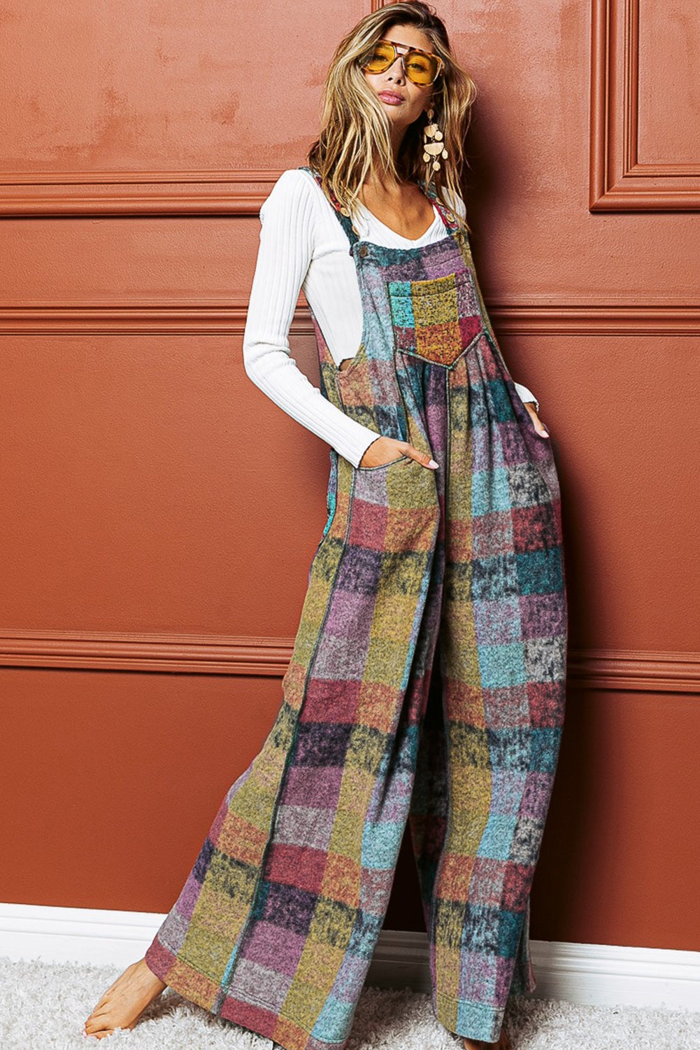 Multicolour Brushed Checkered Wide Leg Overalls Dear-Lover Dropshipping
