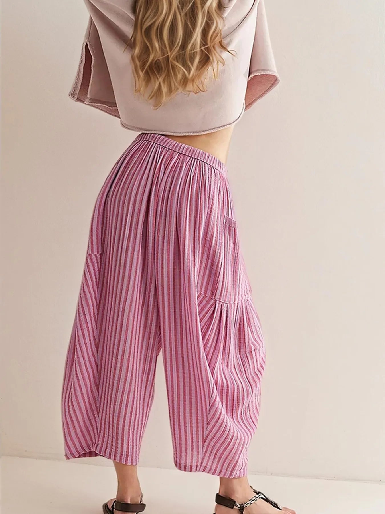 Full Size Striped Wide Leg Casual Pants Plus Size.
