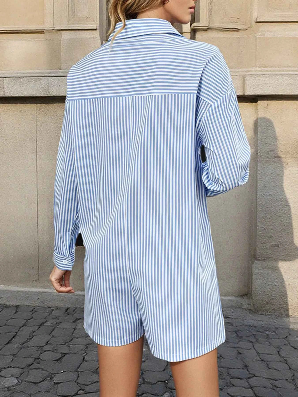 Striped Button Front Long Sleeve Romper