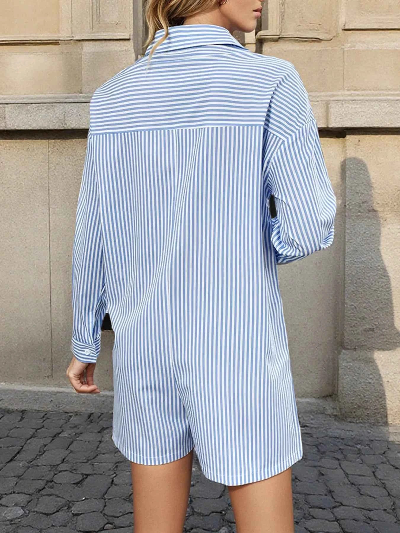 Striped Button Front Long Sleeve Romper