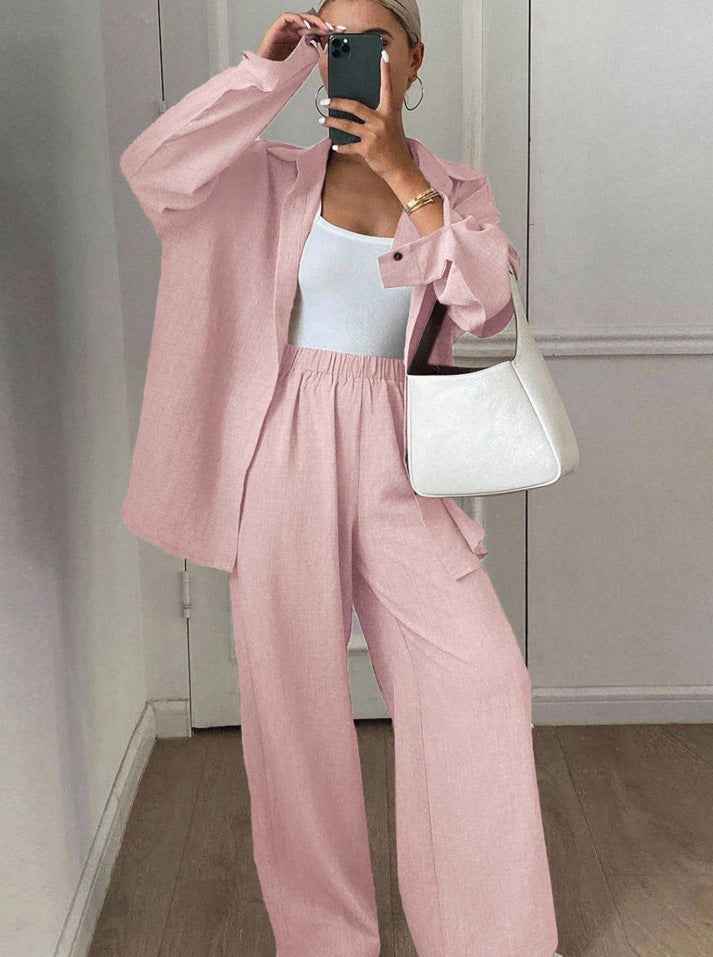 Womens Solid-Color Casual Loose Cotton-Linen Long-Sleeve Shirt And Pants Set