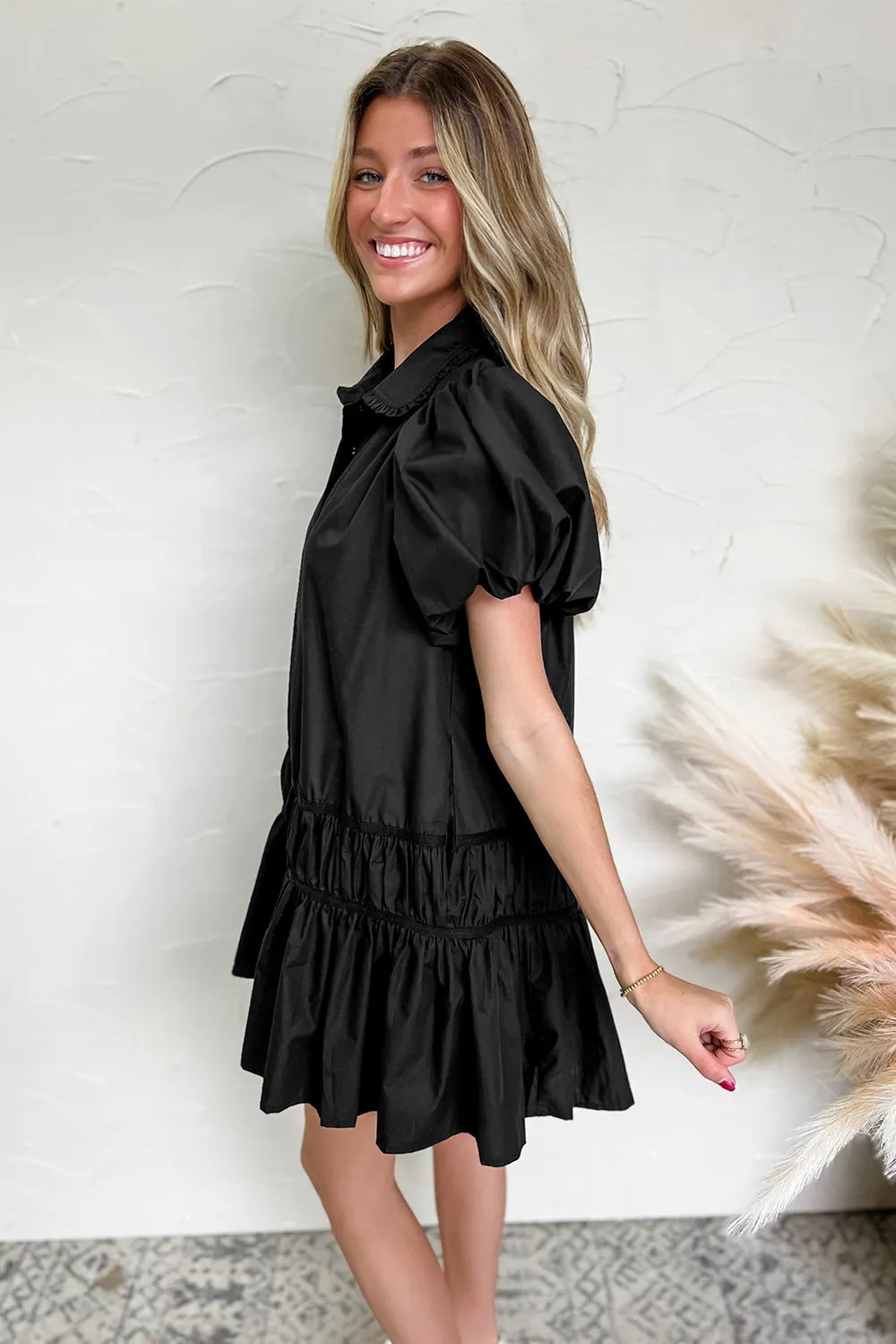 Button Down Puff Sleeve Ruffle Hem Dress.