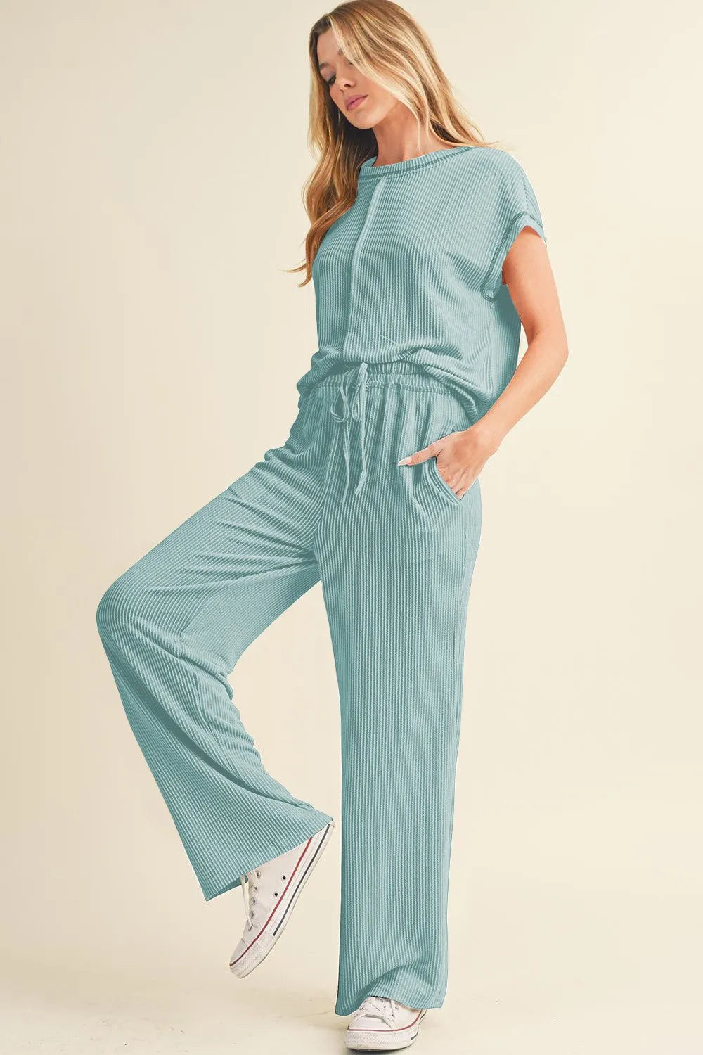 Solid Color Corded Short Sleeve Top and Casual Pants Set.