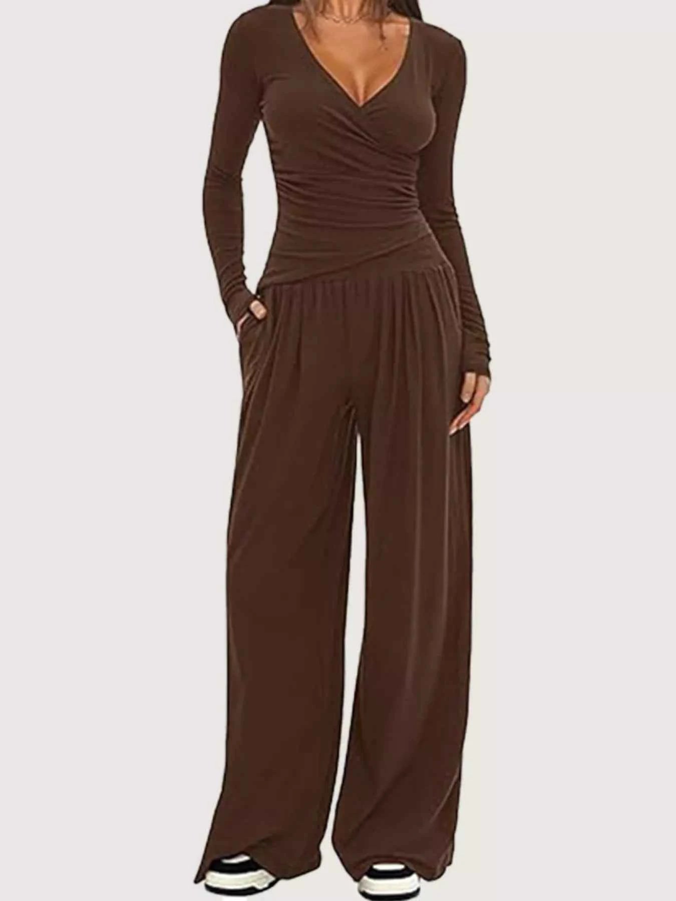 Casual Long Sleeve Top and Wide Leg Pants Set